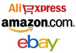 Logos of Amazon, Ebay and Aliexpress online retailers.