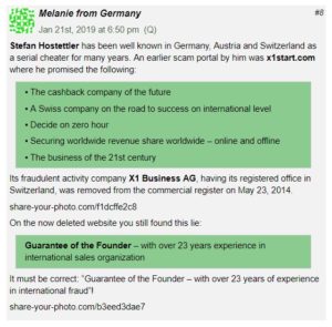 A commentary on the BehindMLM website, where Melanie from Germany expresses her views about Stefan Hostettler being an MLM fraudster.