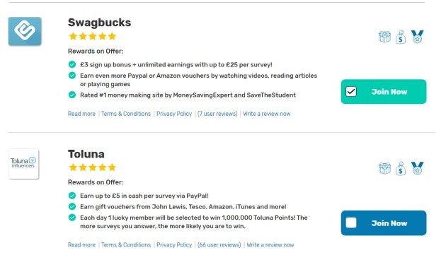 Allegedly, Toluna offers £5 for each completed survey, Swagbucks, claim they offer £25 for each completed survey, but that is quite simply not true.